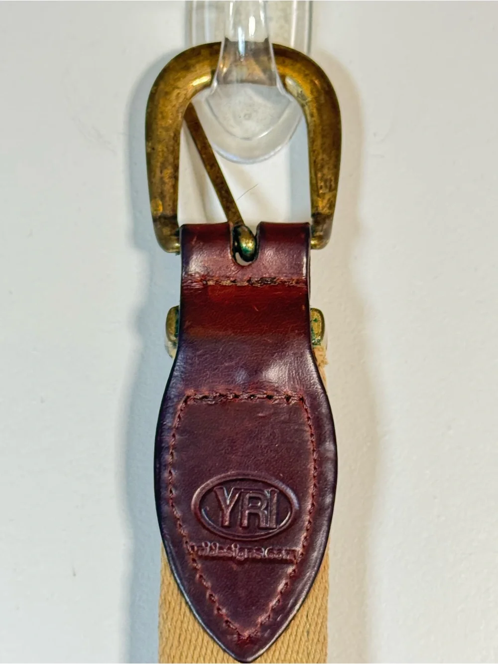 Lone Palm YRI Embroidered Surcingle Belt Navy Khaki Leather Brass Buckle 39 USA